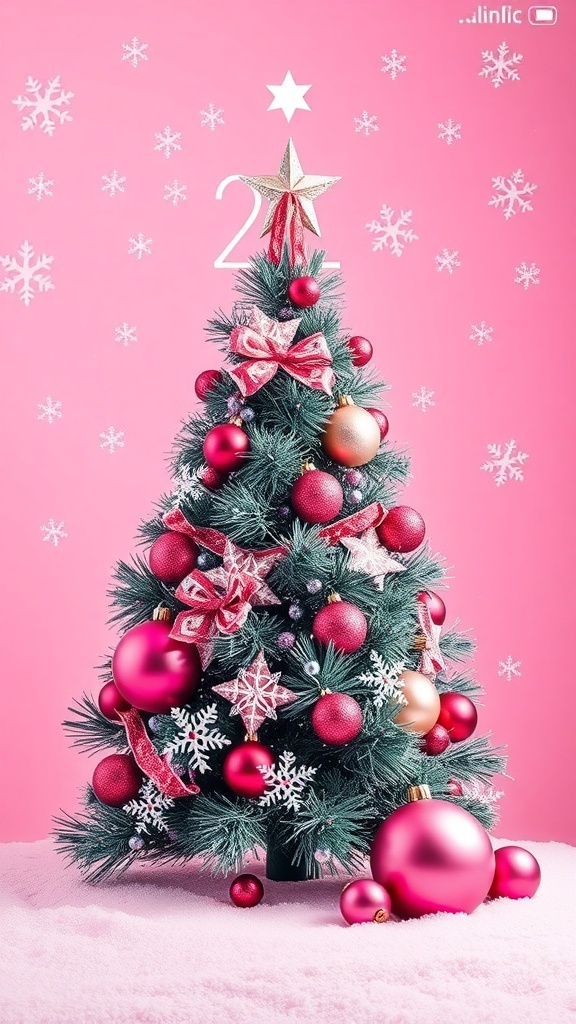 A pink Christmas lockscreen design with snowflakes and a Christmas tree for an iPhone.